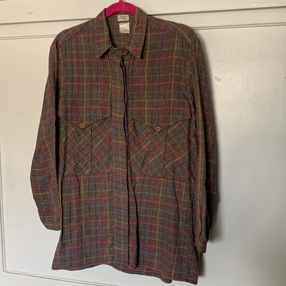 Vintage Zapa Paris 💯 cotton tailored button up shirt with rainbow plaid 🌈